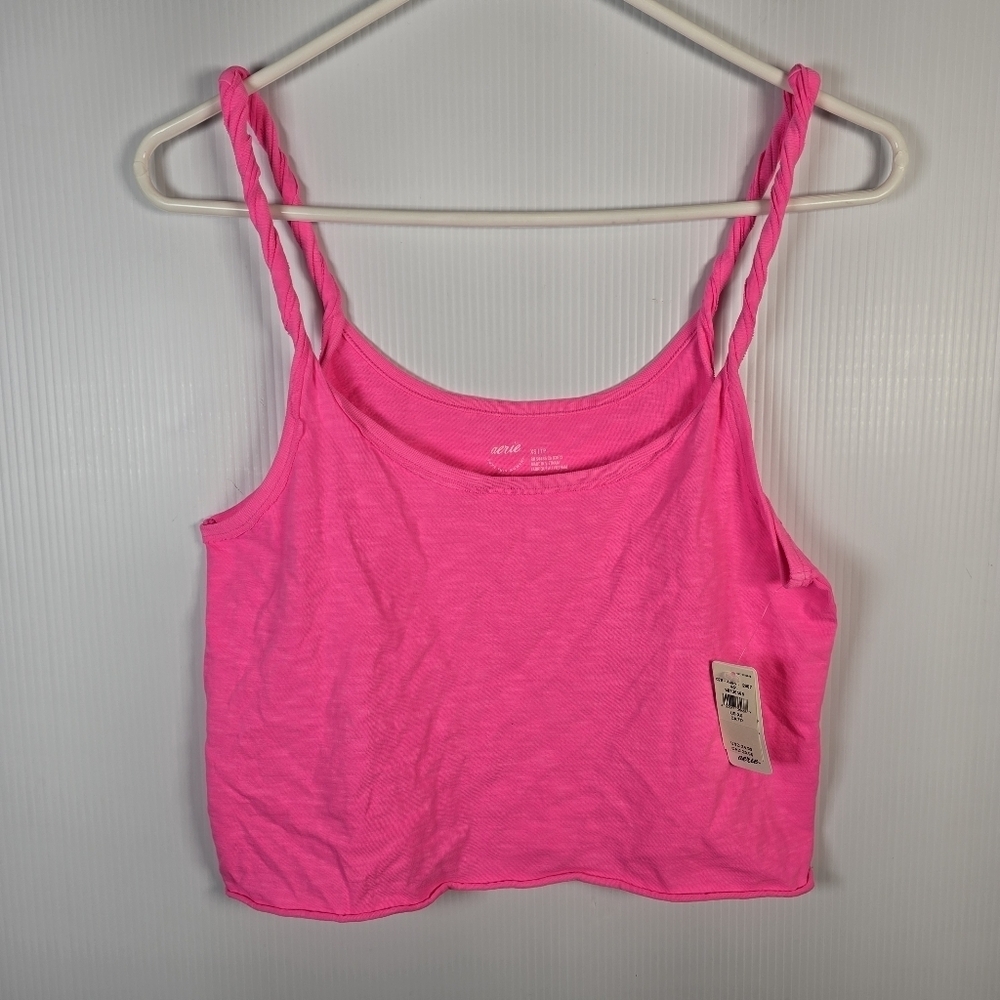 NWT Aerie Twist & Shout Cropped Neon Pink Tank Top Twisted Straps Rolled Hem XS - Picture 1 of 10